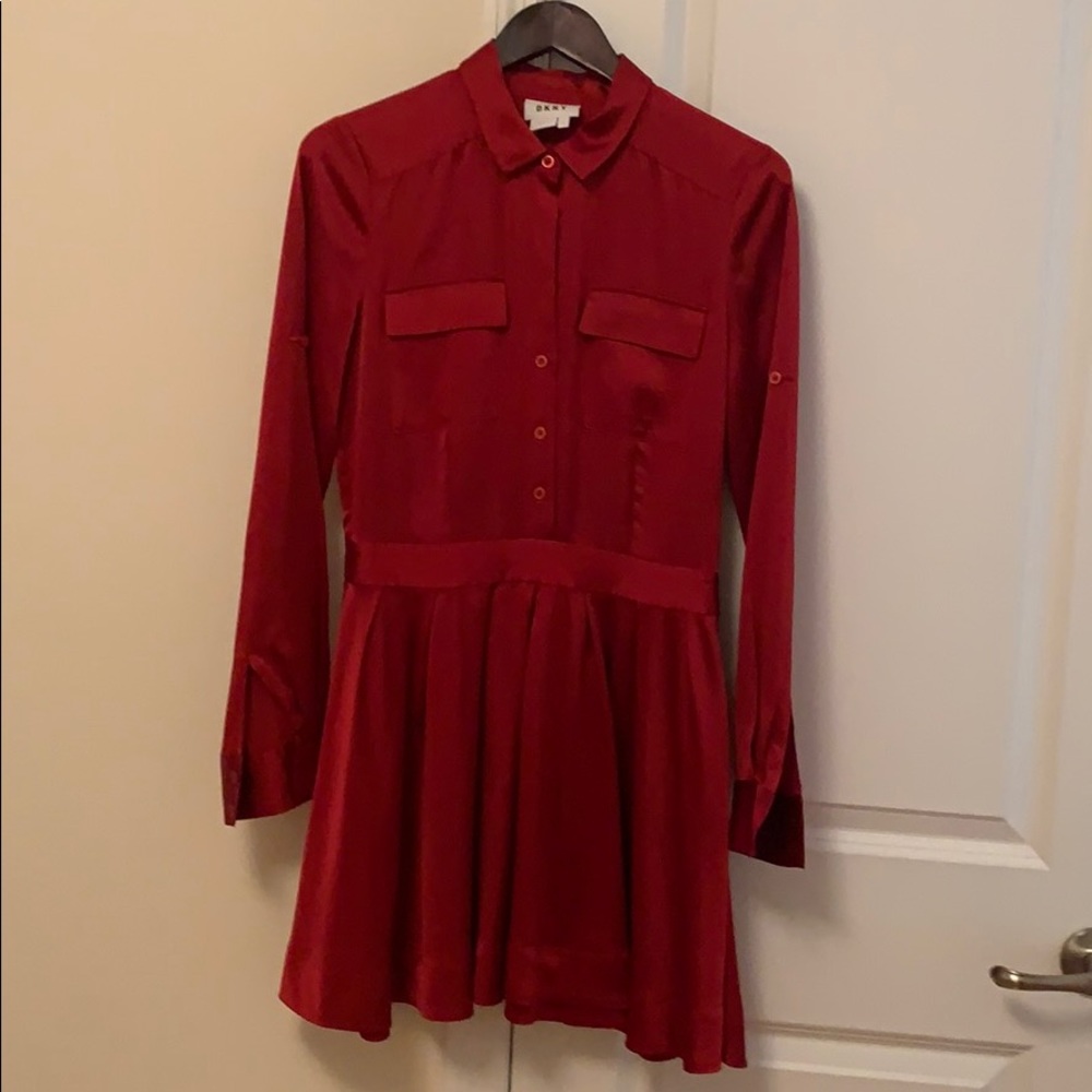 DKNY Red Silk Dress w/Pleated Skirt